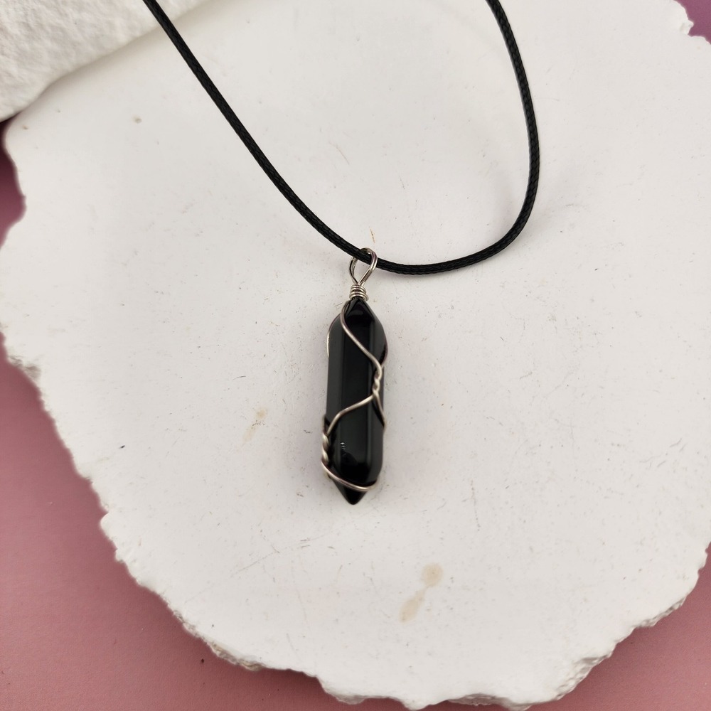 Black Obsidian Style Point Pendant Necklace Wire Wrapped Silver Tone Gothic Cord